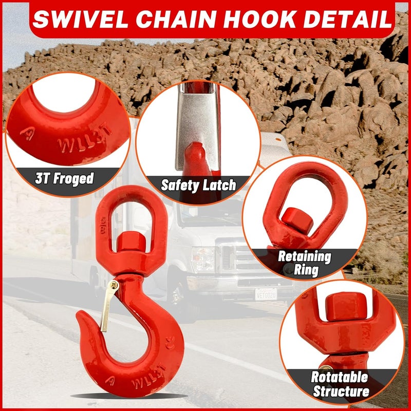 HENBOW 3 Ton Swivel Lifting Hooks and D Ring Shackles,G80 Chain Hooks with 5/8" Shackle,6600Lbs Safety Load Limit,Heavy Duty Alloy Steel Shackle,Round Rotating Swivel Snap Hook - Image 3
